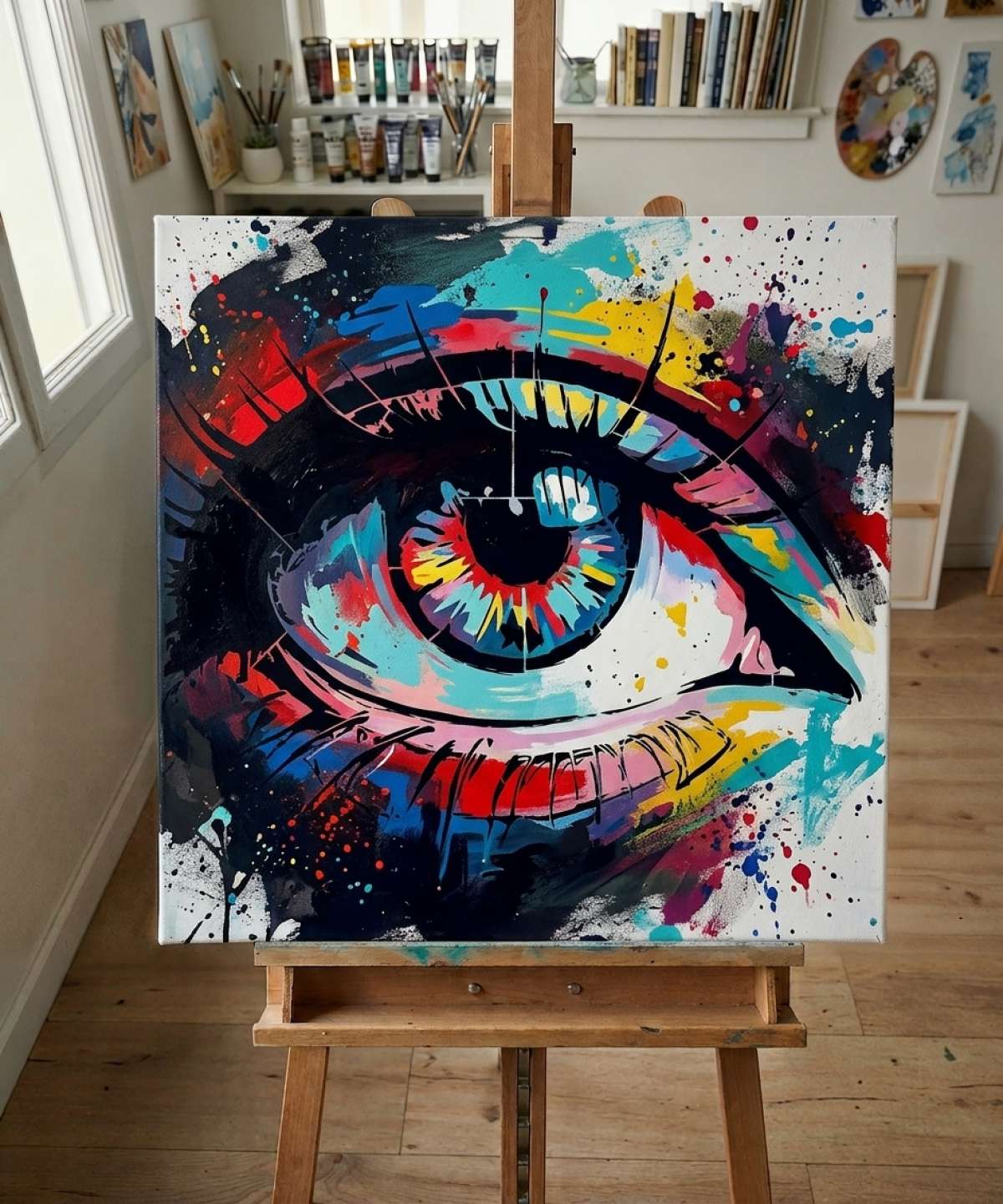 Intense Gaze Stencil stencil result painted in colorful street art with spray paint and brushwork style in workshop