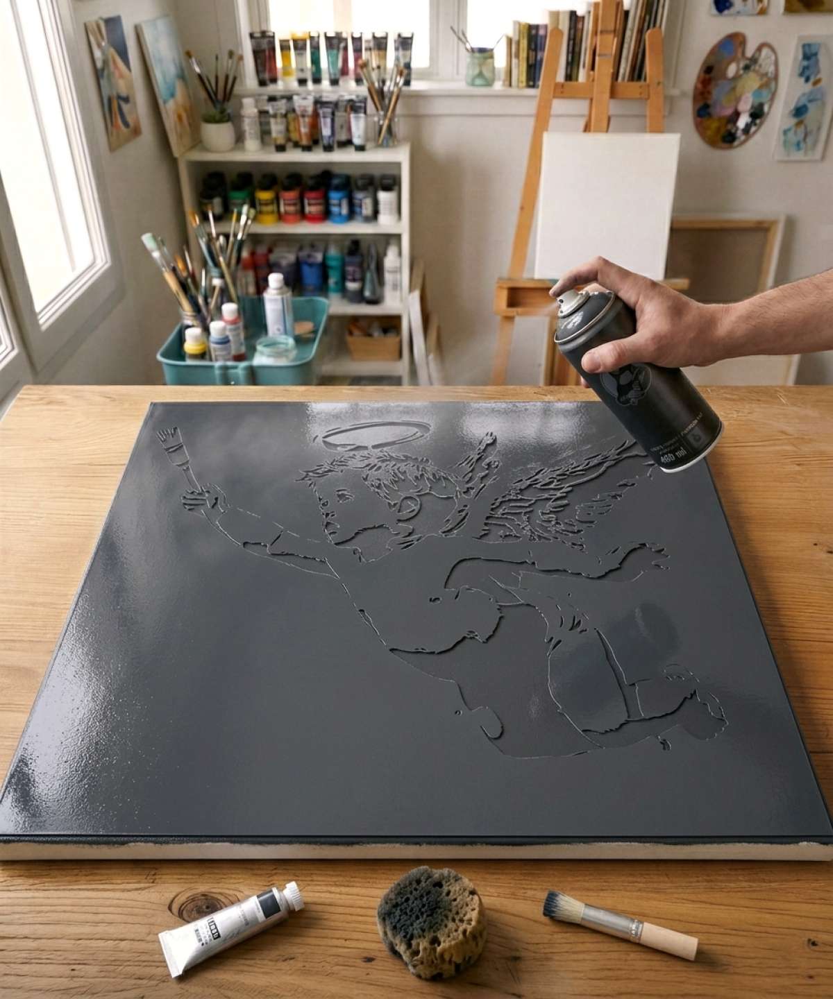 cherub angel stencil stencil painted on canvas for a legendary fantasy universe painting