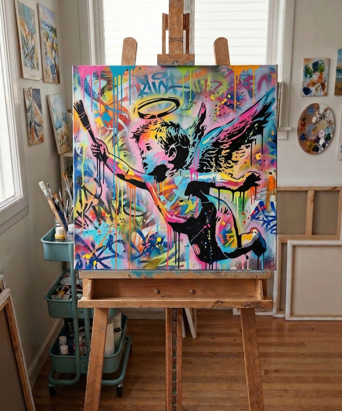 cherub angel stencil stencil result painted in colorful street art with spray paint and brushwork style in workshop