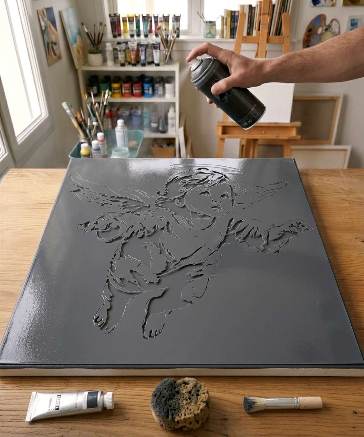 cherub stencil stencil painted on canvas for a legendary fantasy universe painting