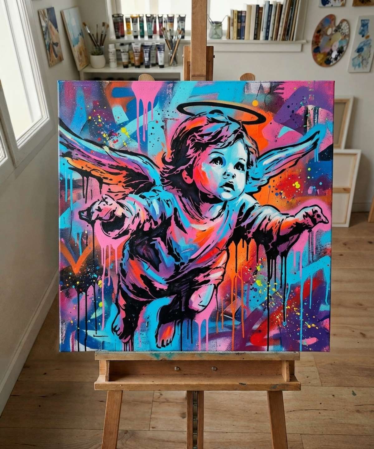cherub stencil stencil result painted in colorful street art with spray paint and brushwork style in workshop