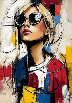 Stencil portrait of a woman in contemporary fashion style with primary colors inspired by Mondrian's modern art