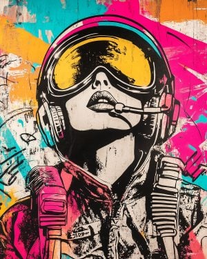 Artistic inspiration using a female pilot stencil in street art style with graffiti colors