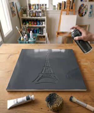 Eiffel Tower Stencil stencil painted on canvas for an iconic celebrity portrait painting