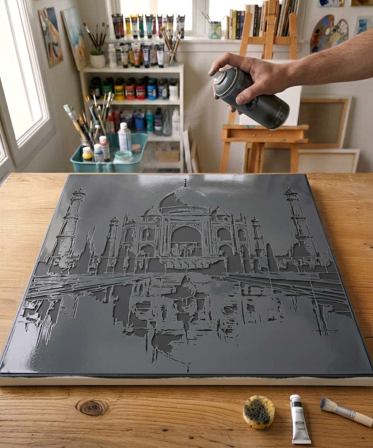 Taj Mahal Stencil stencil painted on canvas for an iconic celebrity portrait painting