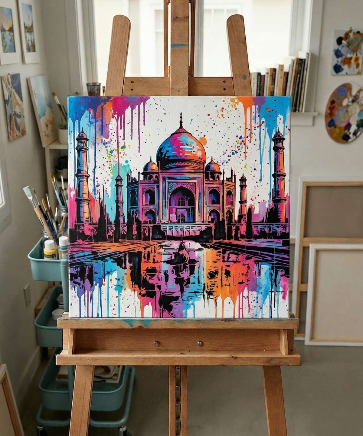 Taj Mahal Stencil stencil result painted in colorful street art with spray paint and brushwork style in workshop