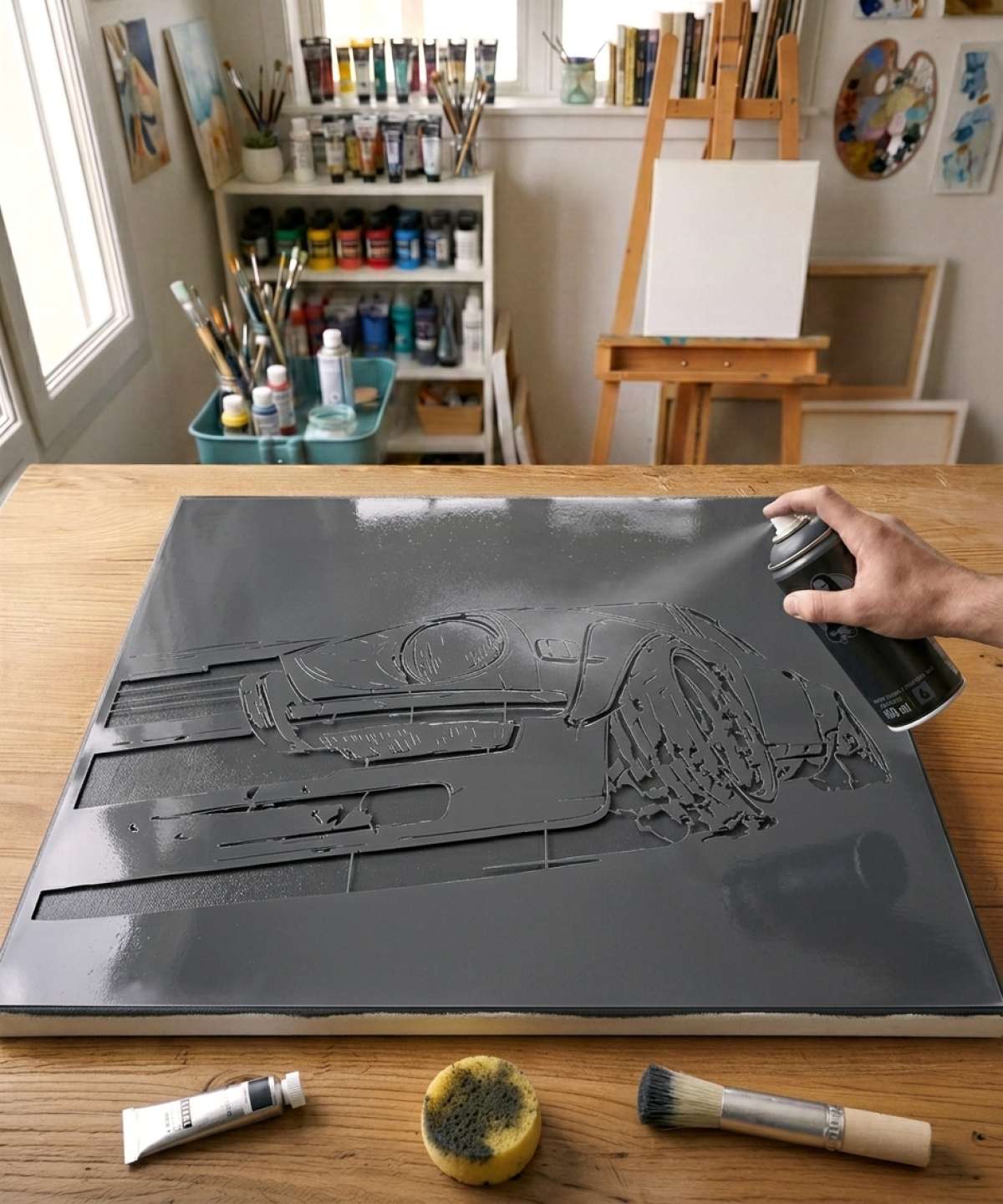 Pochoir Voiture Sportive Iconique - UM0013 stencil painted on canvas for a mechanical universe painting