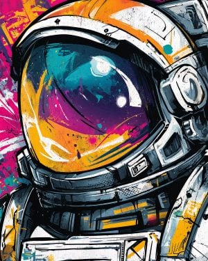Art inspired by the astronaut stencil Space Helmet with bright colors.