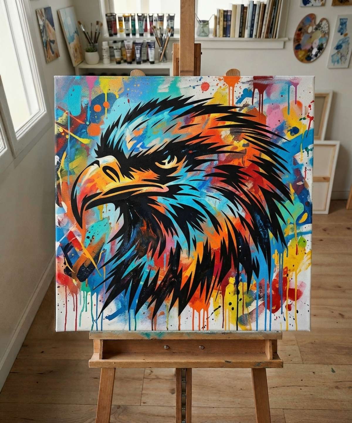 Pochoir Tête d'Aigle - A0012 stencil result painted in colorful street art with spray paint and brushwork style in workshop