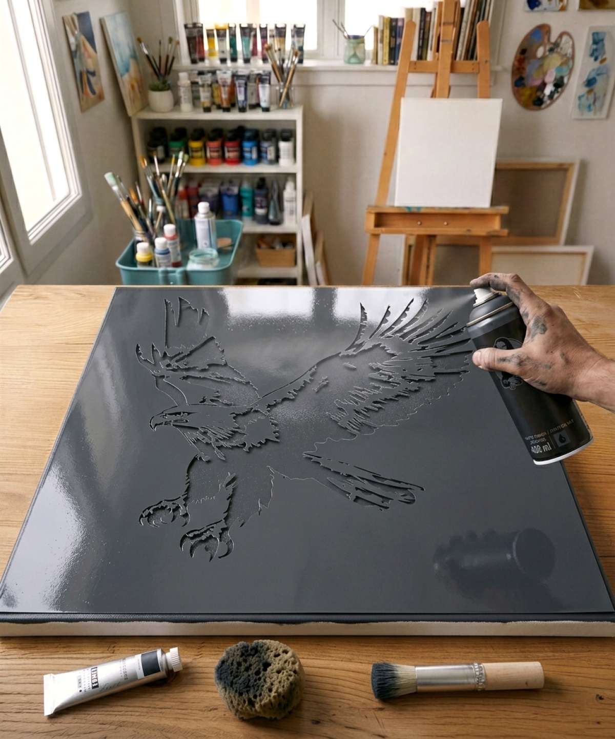 Pochoir Aigle - A0081 stencil painted on canvas for an animal portrait painting