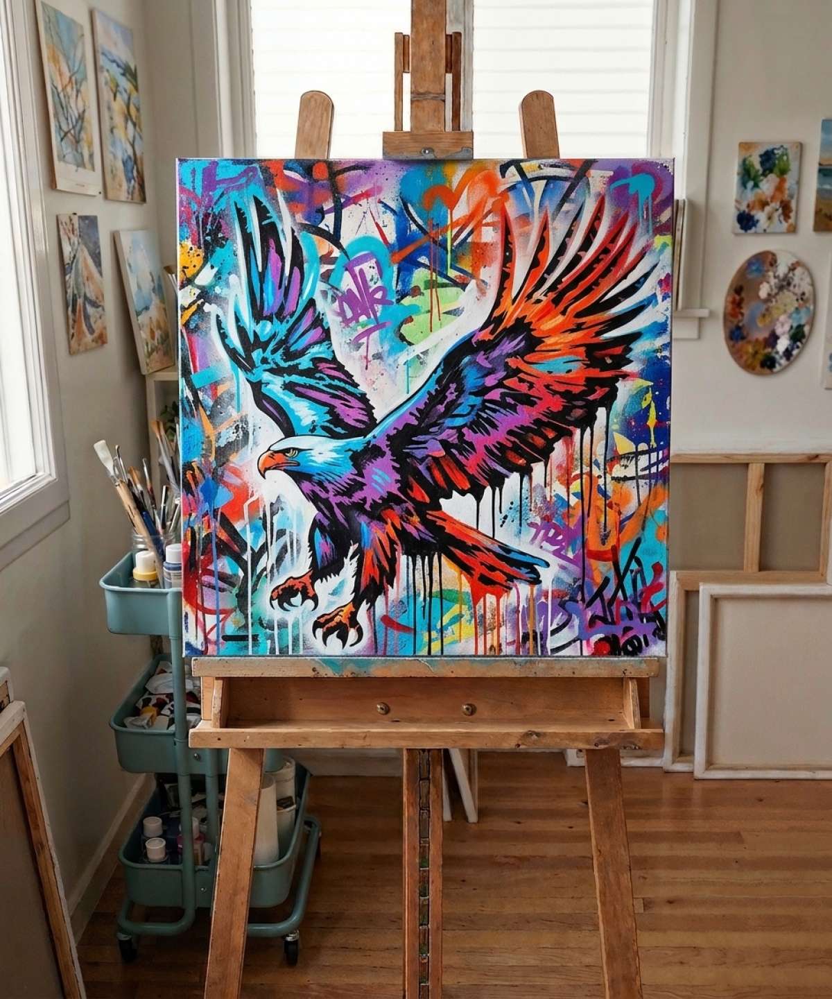 Pochoir Aigle - A0081 stencil result painted in colorful street art with spray paint and brushwork style in workshop