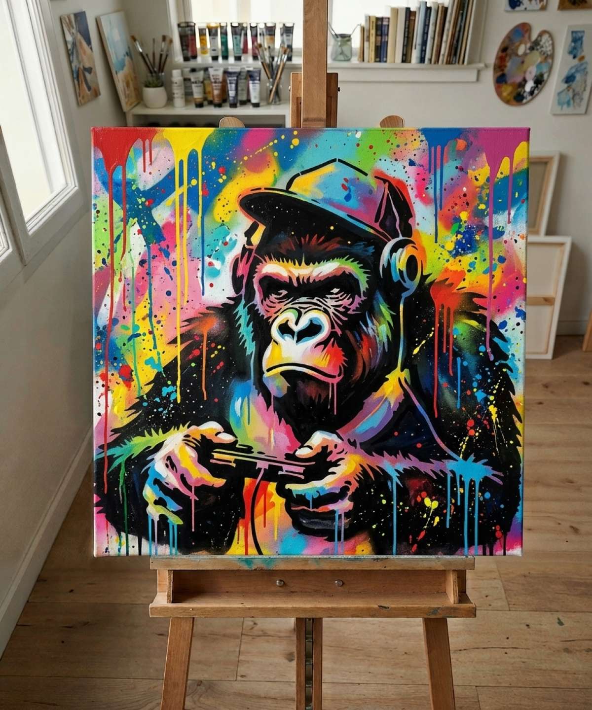 Pochoir Gorille Jeux Vidéo - A0093 stencil result painted in colorful street art with spray paint and brushwork style in workshop