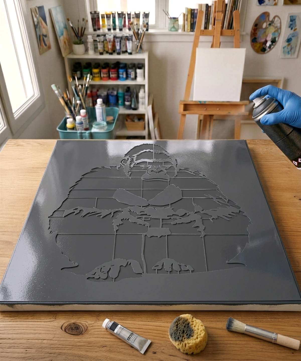 Pochoir Jeux Vidéo Gorille - A0095 stencil painted on canvas for an animal portrait painting