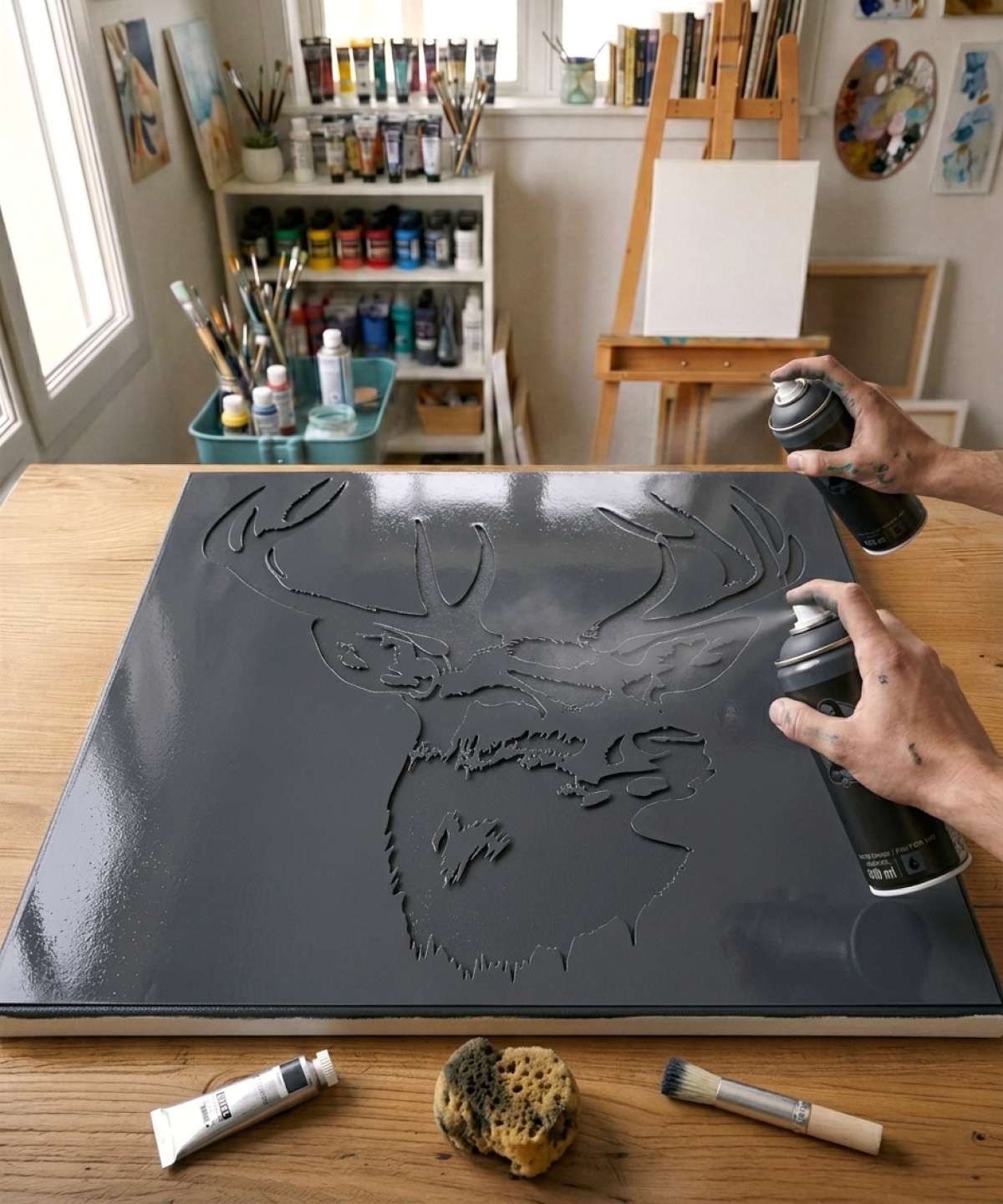 Pochoir Cerf - A0096 stencil painted on canvas for an animal portrait painting