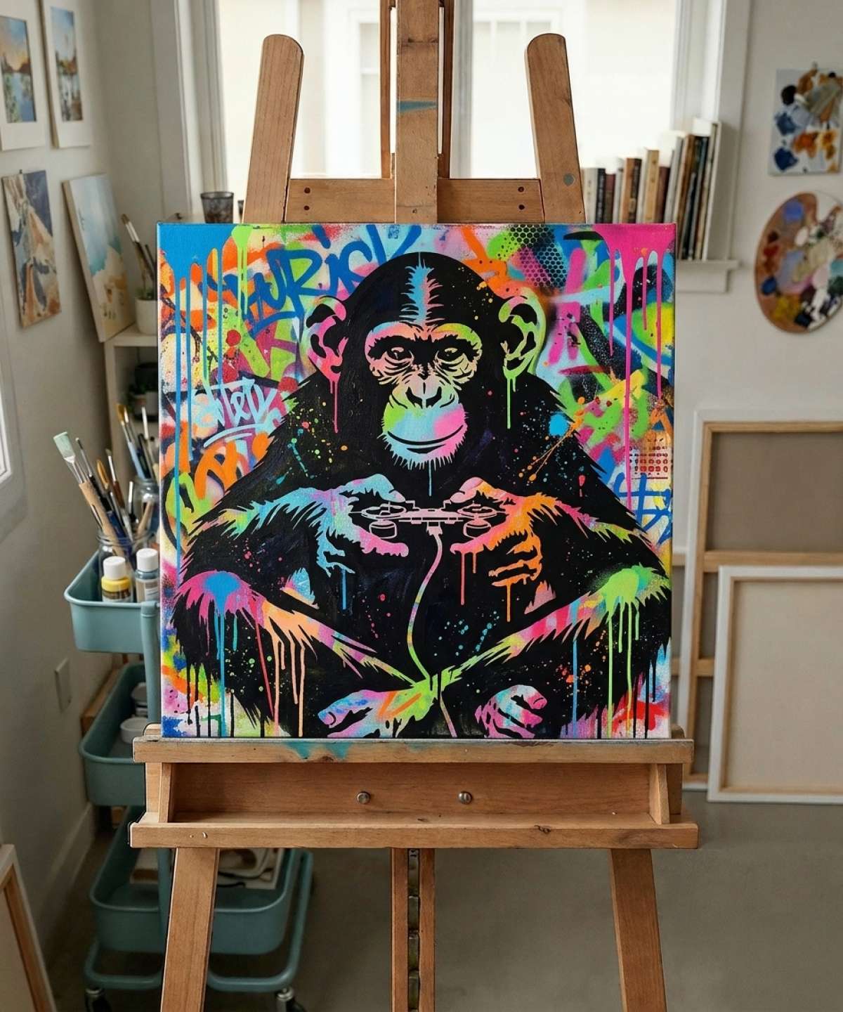 Pochoir Singe Jeux Vidéo - A0106 stencil result painted in colorful street art with spray paint and brushwork style in workshop
