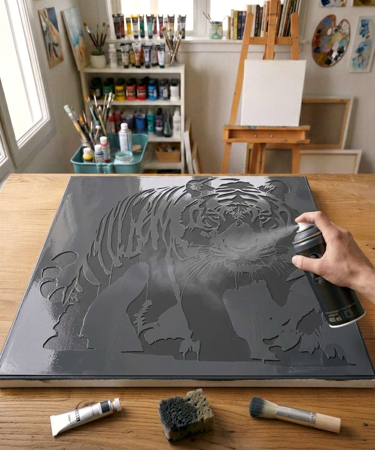 Pochoir Peinture Tigre - A0110 stencil painted on canvas for an animal portrait painting