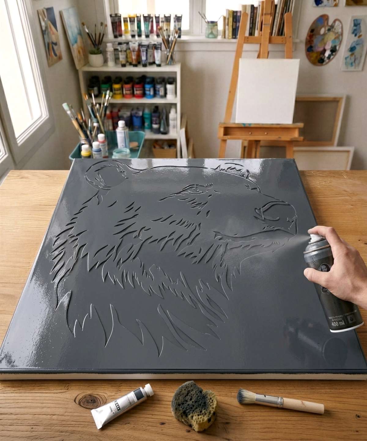 Pochoir Tête D'Ours Polaire - A0115 stencil painted on canvas for an animal portrait painting