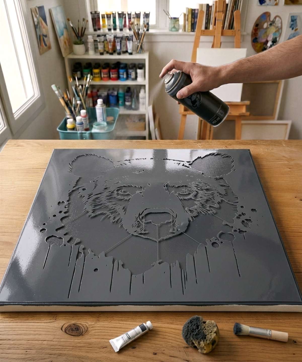 Pochoir Peinture Ours Brun - A0116 stencil painted on canvas for an animal portrait painting