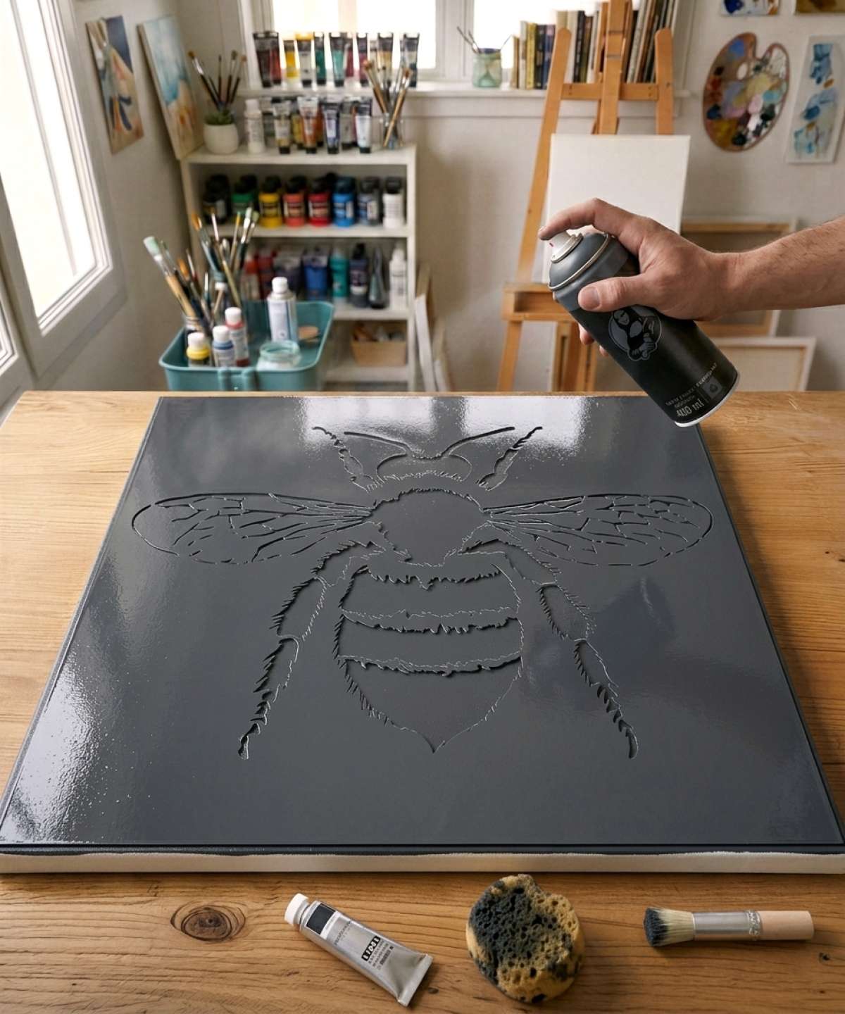 Pochoir Abeille - A0120 stencil painted on canvas for an animal portrait painting