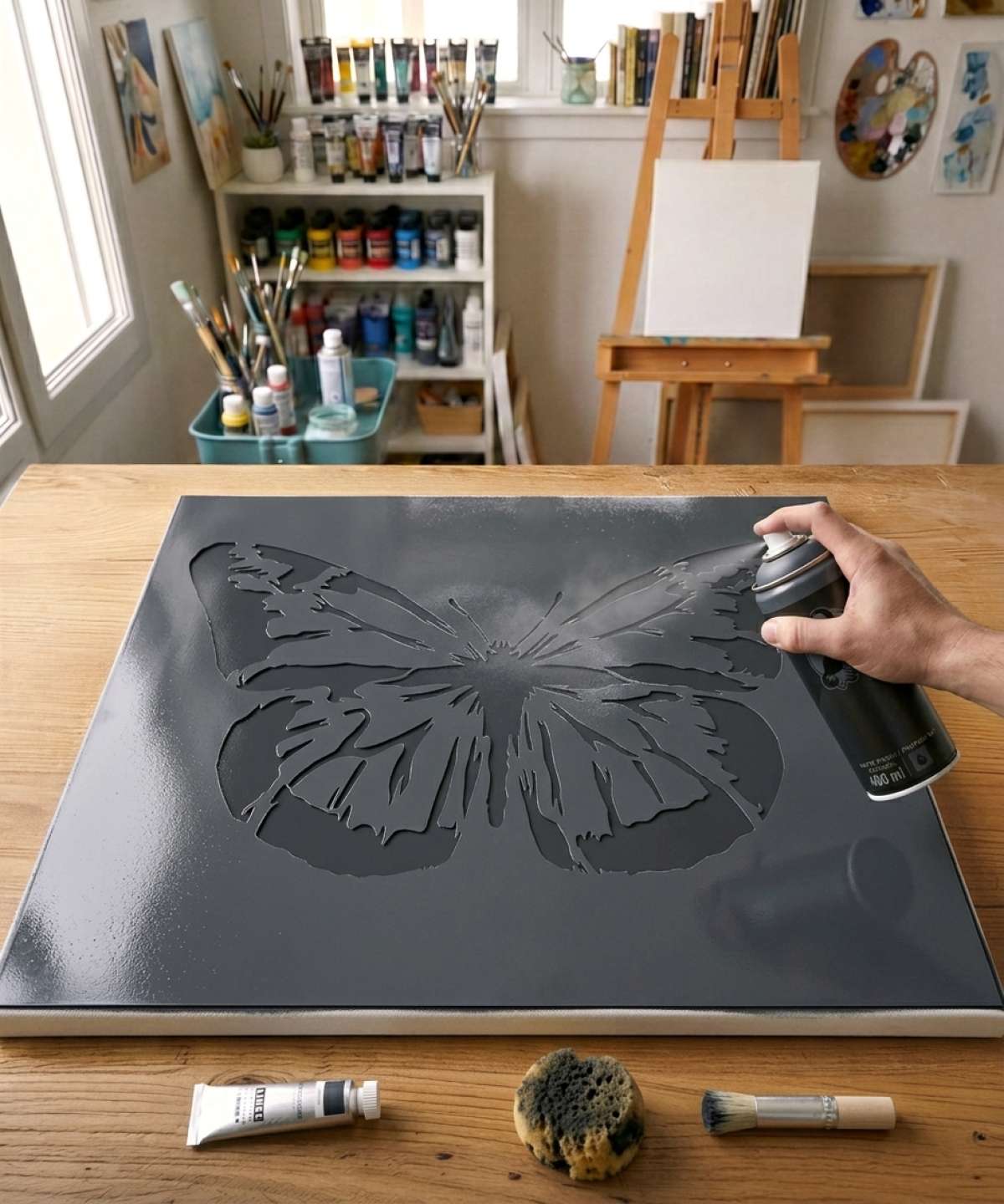 Pochoir Papillon Monarque - A0130 stencil painted on canvas for an animal portrait painting