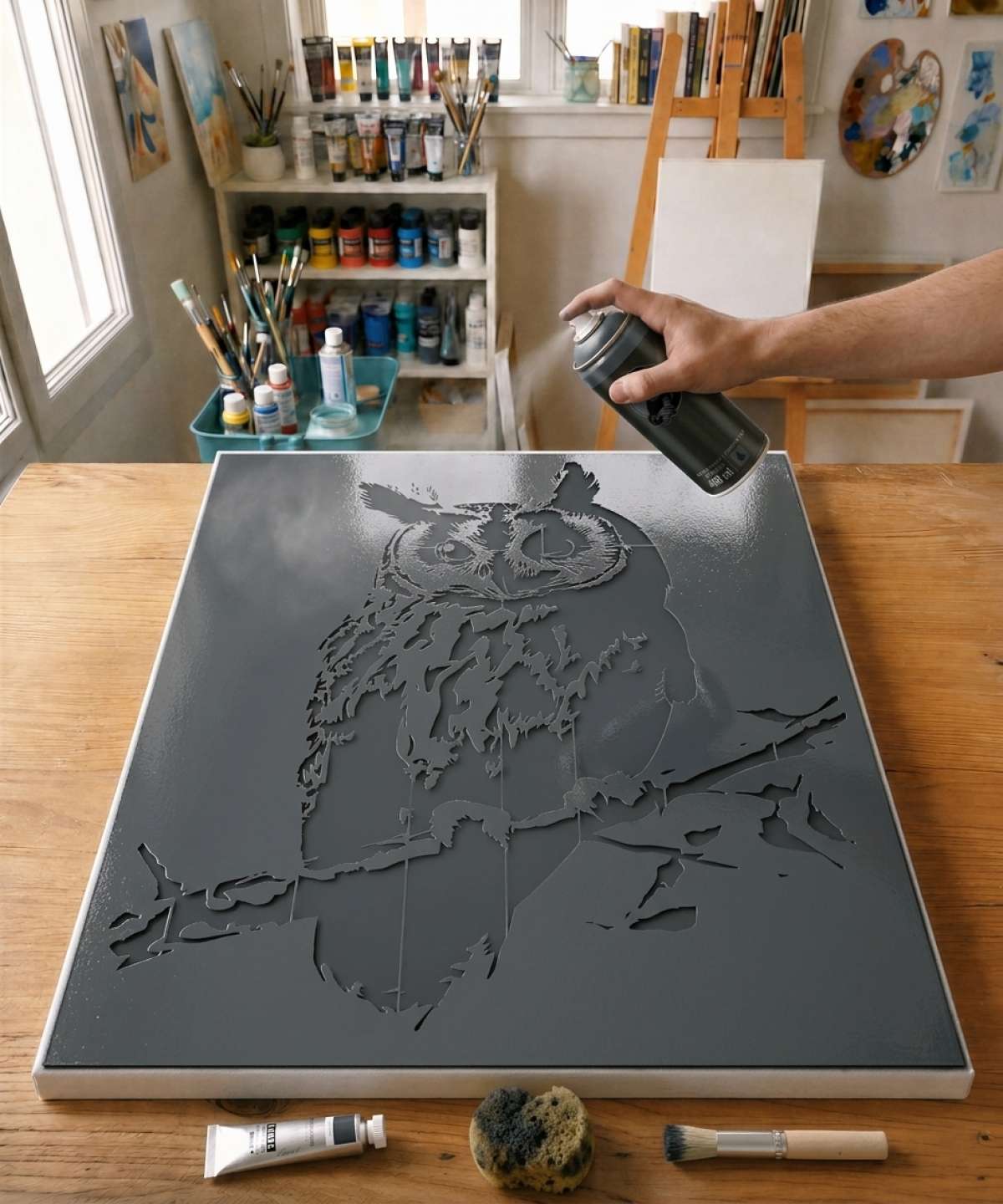 Pochoir Hibou Perché - A0135 stencil painted on canvas for an animal portrait painting