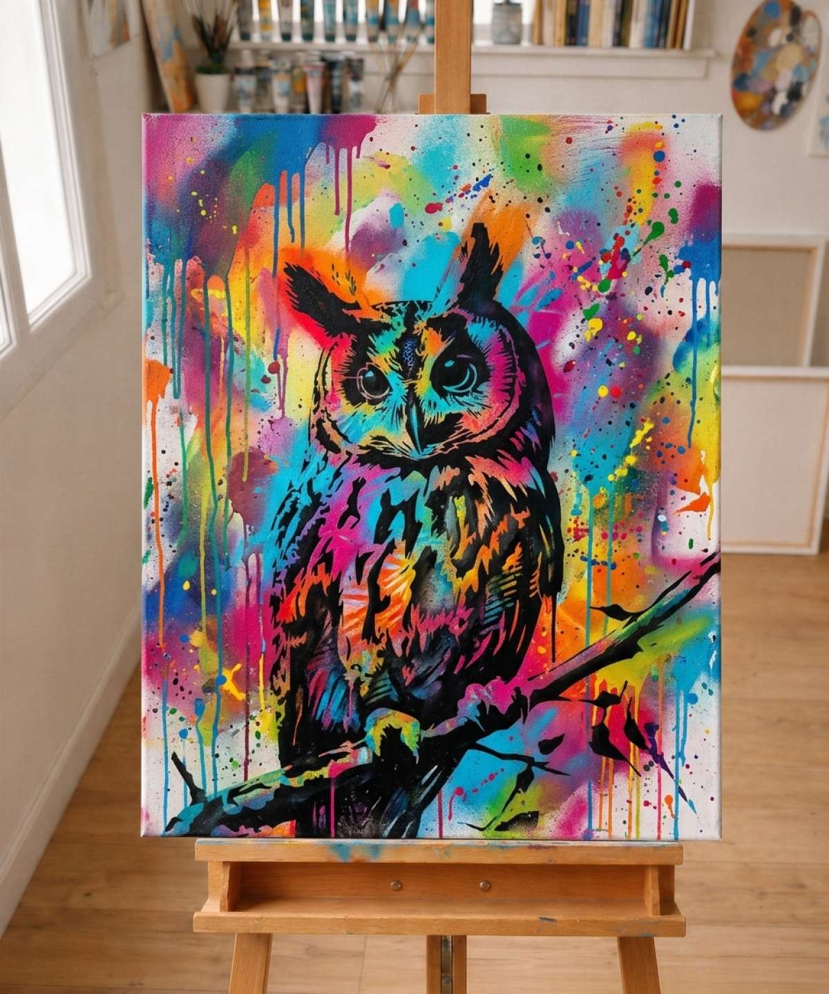 Pochoir Hibou Perché - A0135 stencil result painted in colorful street art with spray paint and brushwork style in workshop