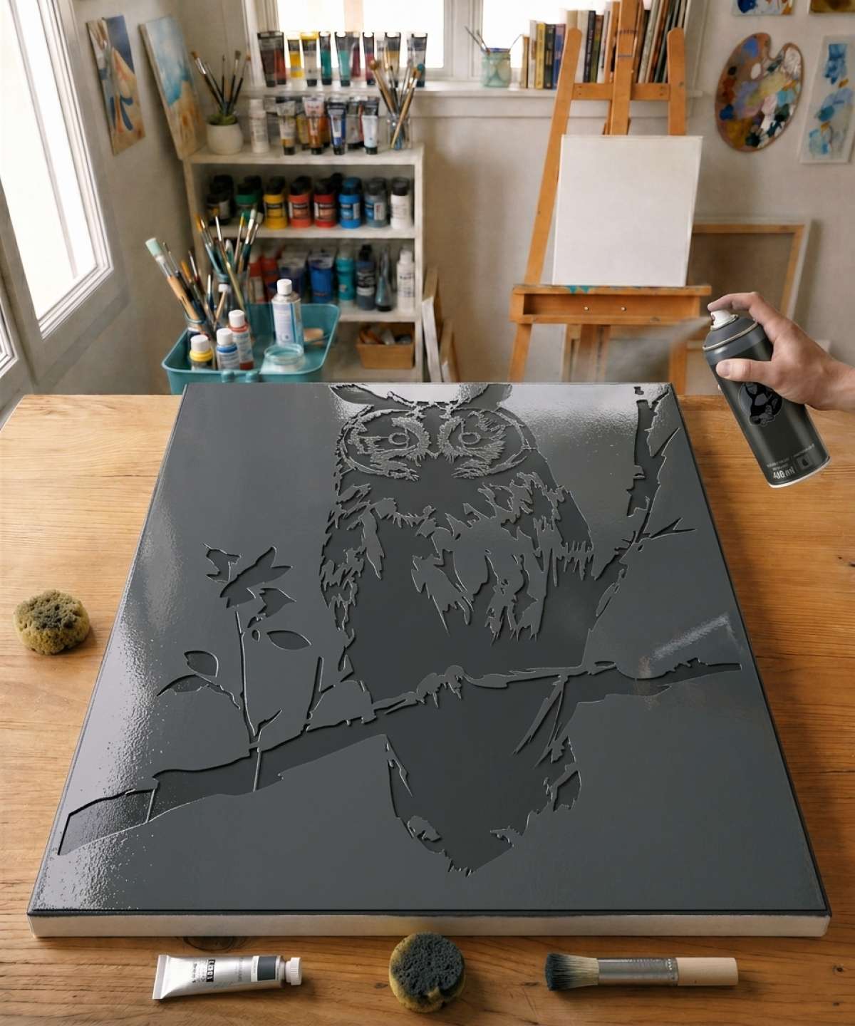 Pochoir Chouette - A0136 stencil painted on canvas for an animal portrait painting