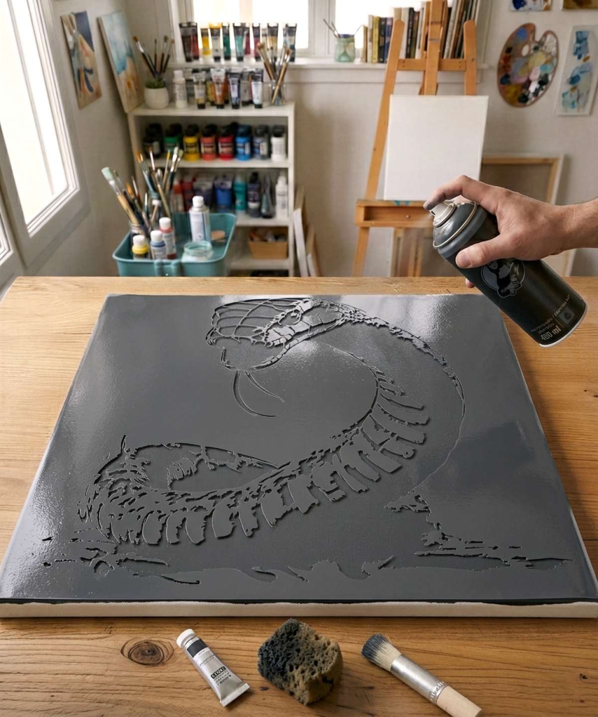 Pochoir Cobra - A0142 stencil painted on canvas for an animal portrait painting