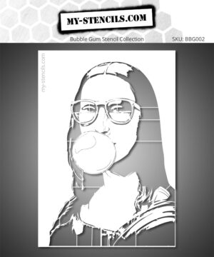 Stencil depicting the Mona Lisa with chewing gum and sunglasses. A quirky and smiling version.