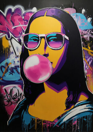 Example of pop art featuring the Mona Lisa blowing a bubble with chewing gum, created with the Mona Lisa Bubble Gum stencil.