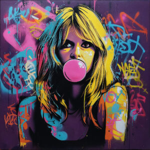 Colorful pop art piece featuring the French Icon Stencil Bubble Gum