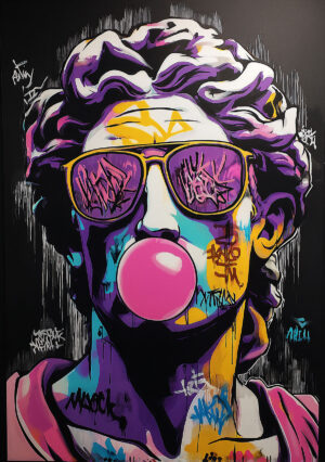 Colorful illustration of the statue of David with glasses and chewing gum