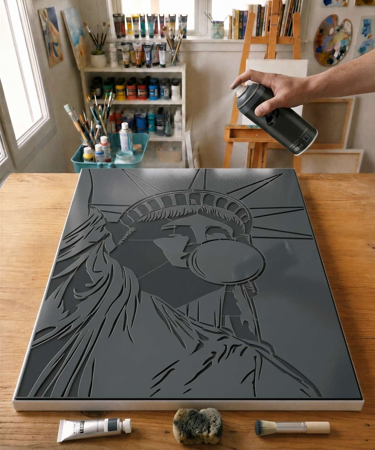 Statue of Liberty Bubble Gum Stencil stencil painted on canvas for a painting from an artistic collection