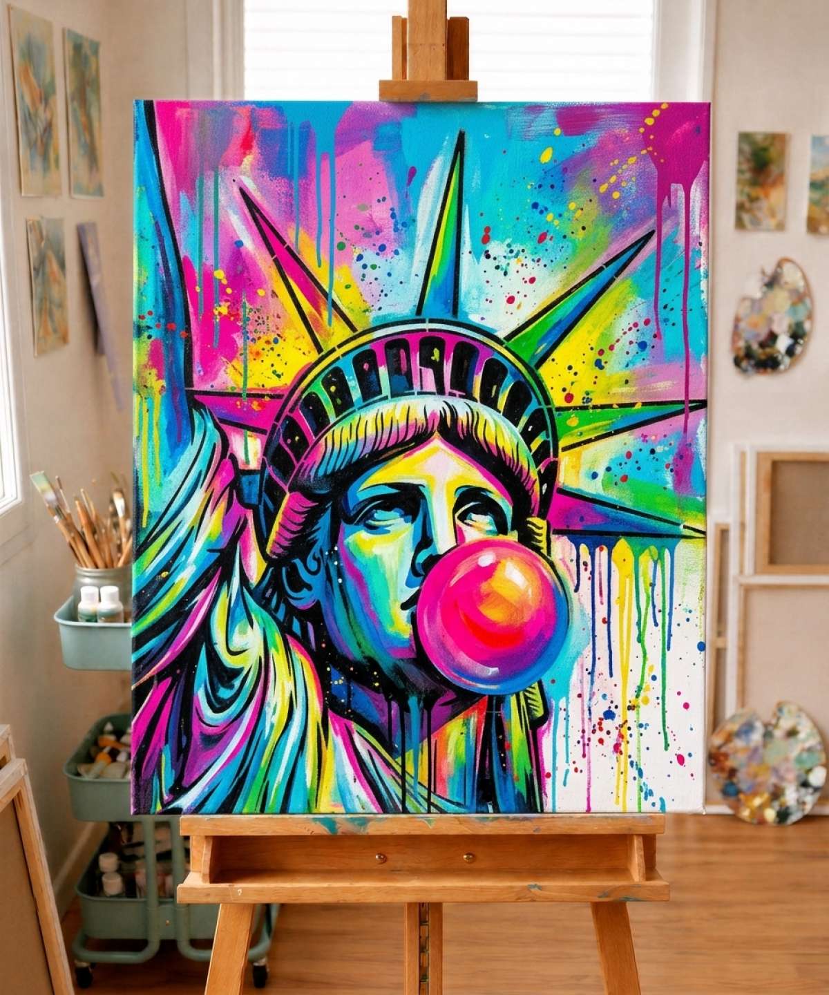 Statue of Liberty Bubble Gum Stencil stencil result painted in colorful street art with spray paint and brushwork style in workshop