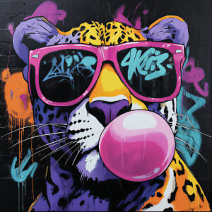 Leopard mural with glasses and bubble gum - Unique and fun design