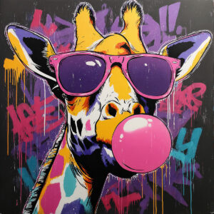 Artistic inspiration of a giraffe with glasses and bubble gum on a colorful pop art street art background