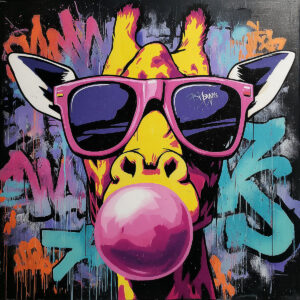 Colorful painting of a giraffe with glasses and chewing gum - created with the Giraffe Bubble Gum stencil