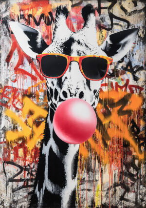 Mural with a giraffe and colorful street art background