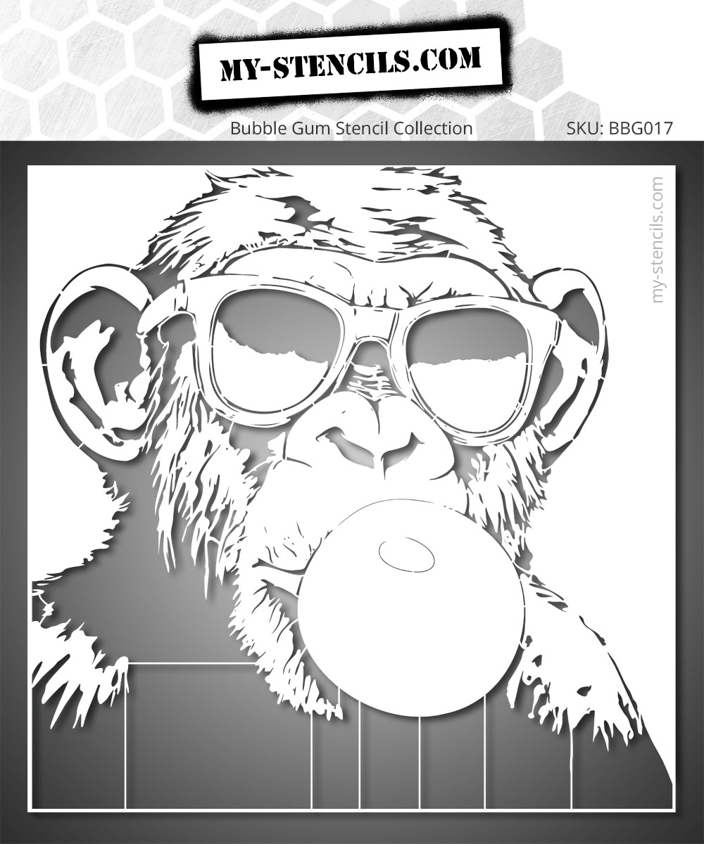 Stencil of a monkey with sunglasses and a bubble of chewing gum. Fun and cool wall decor