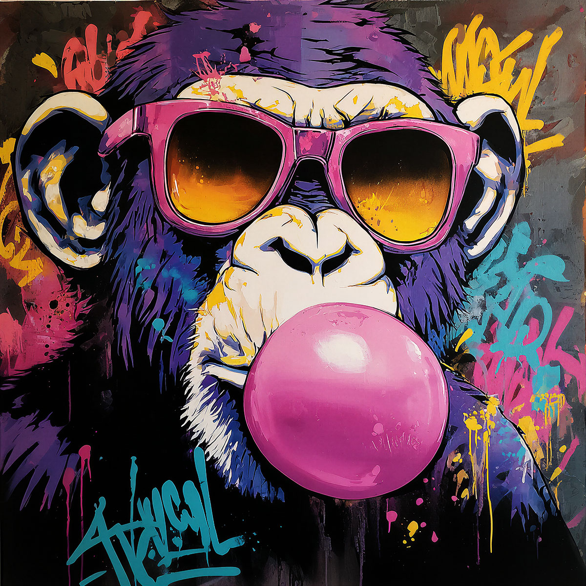 Artistic illustration of a monkey with sunglasses and a bubble of chewing gum. Painted on canvas with a bubble gum monkey stencil.