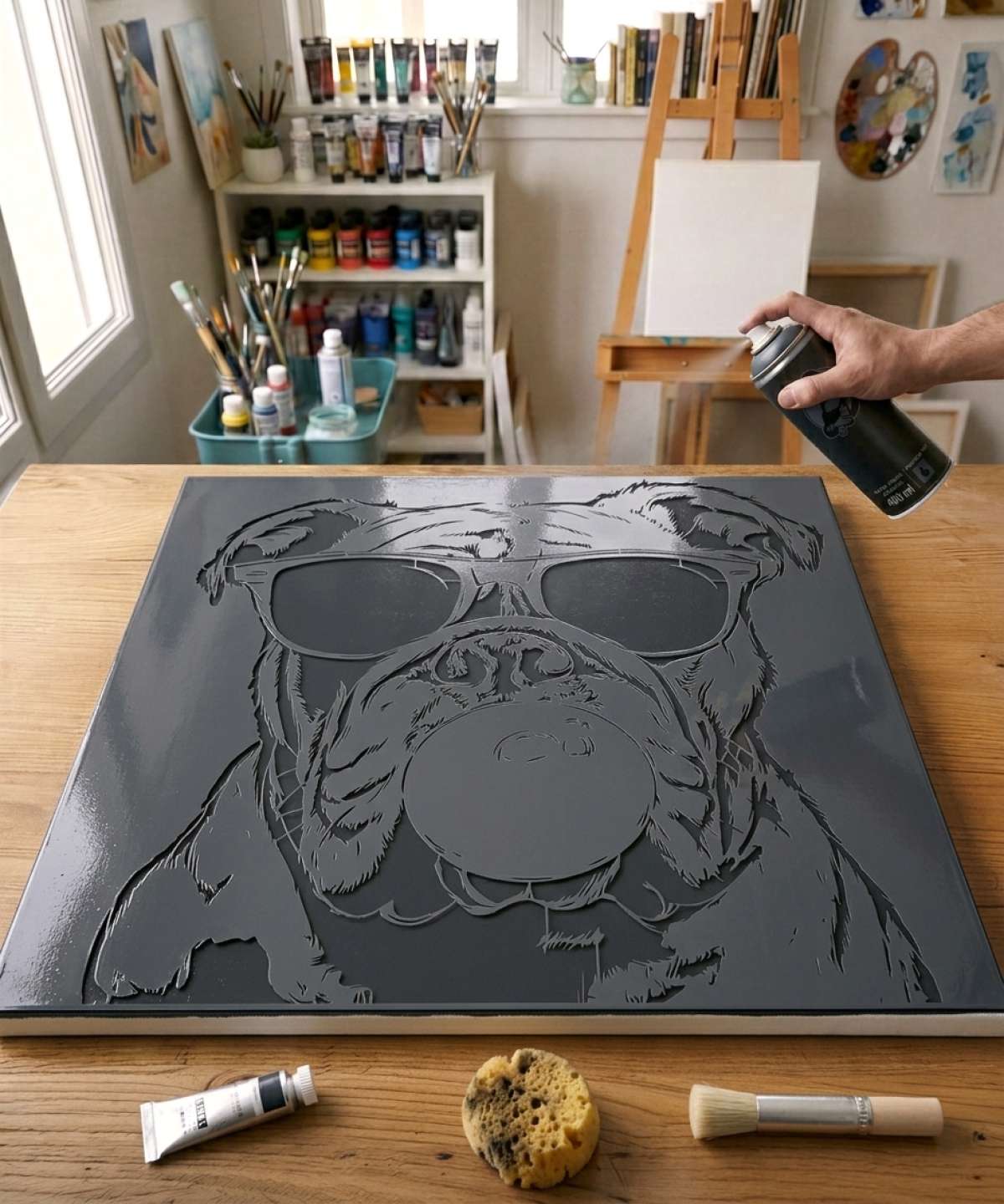 Bulldog Bubble Gum Stencil stencil painted on canvas for a painting from an artistic collection