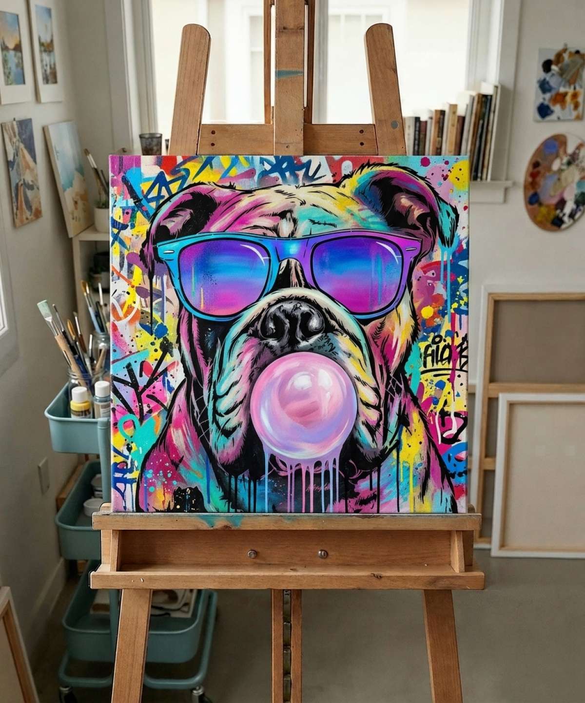 Bulldog Bubble Gum Stencil stencil result painted in colorful street art with spray paint and brushwork style in workshop