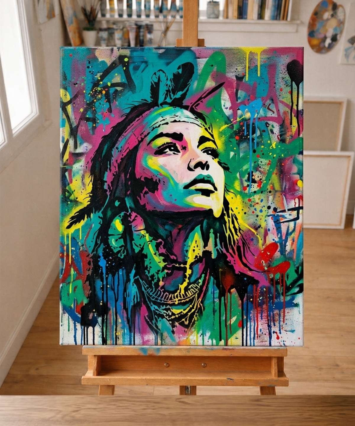 Pochoir femme indienne Street Art - FAS011 stencil result painted in colorful street art with spray paint and brushwork style in workshop
