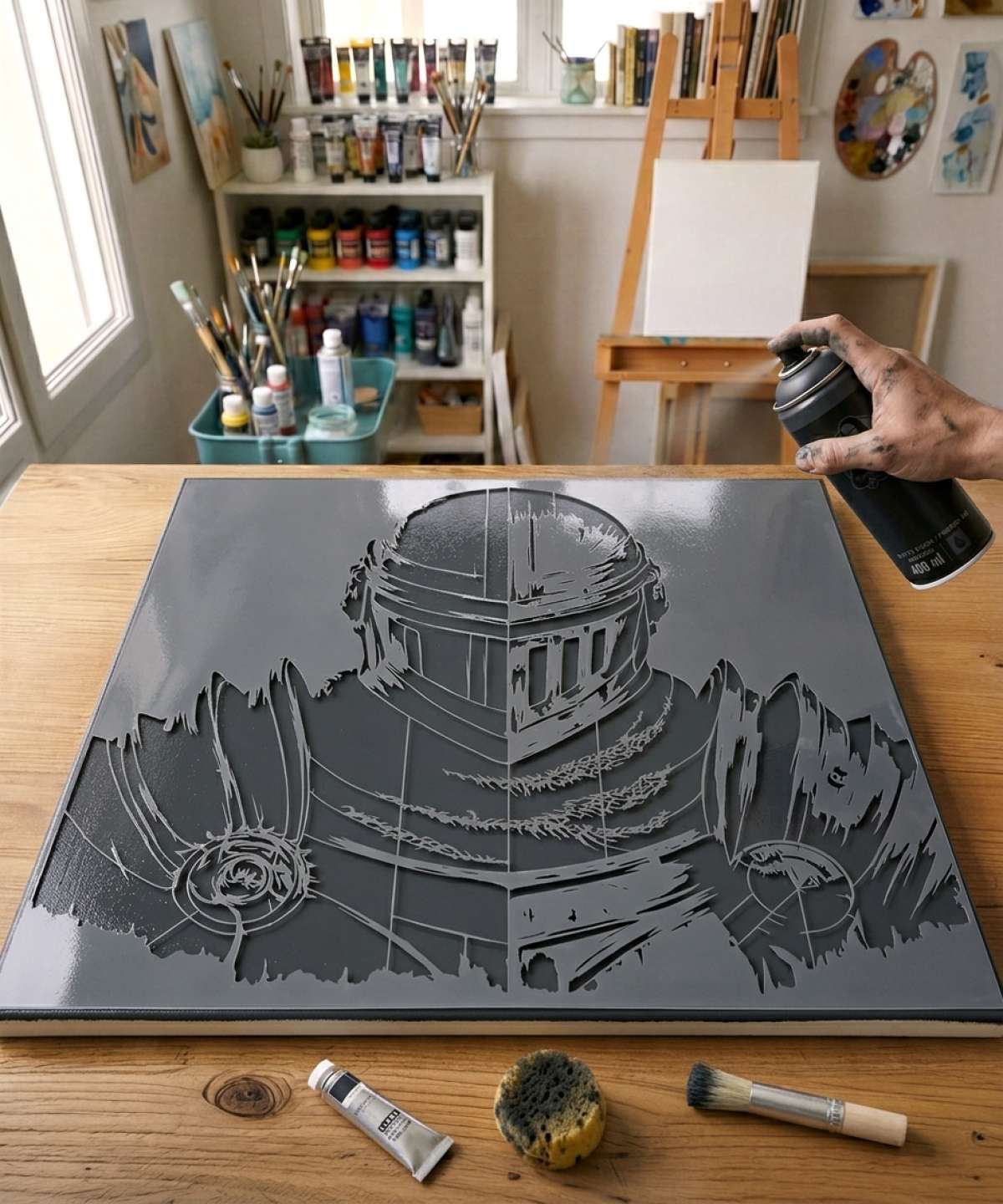 Pochoir Chevalier Visage d'Acier - FL0009 stencil painted on canvas for a legendary fantasy universe painting