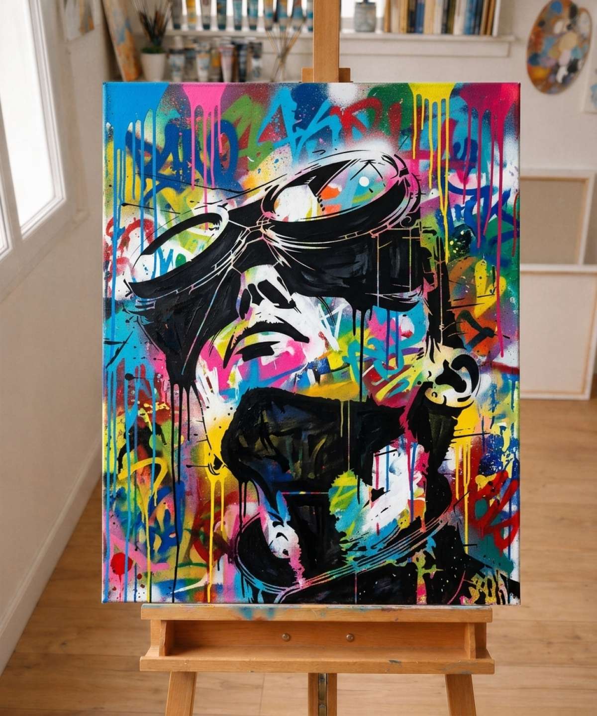 Pochoir Réalité Virtuelle - FRR006 stencil result painted in colorful street art with spray paint and brushwork style in workshop