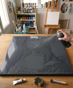 Pochoir Halftone Mona Lisa - H0001 stencil painted on canvas for a halftone portrait painting