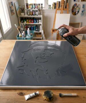 Pochoir Che Guevara - IC0006 stencil painted on canvas for an iconic celebrity portrait painting