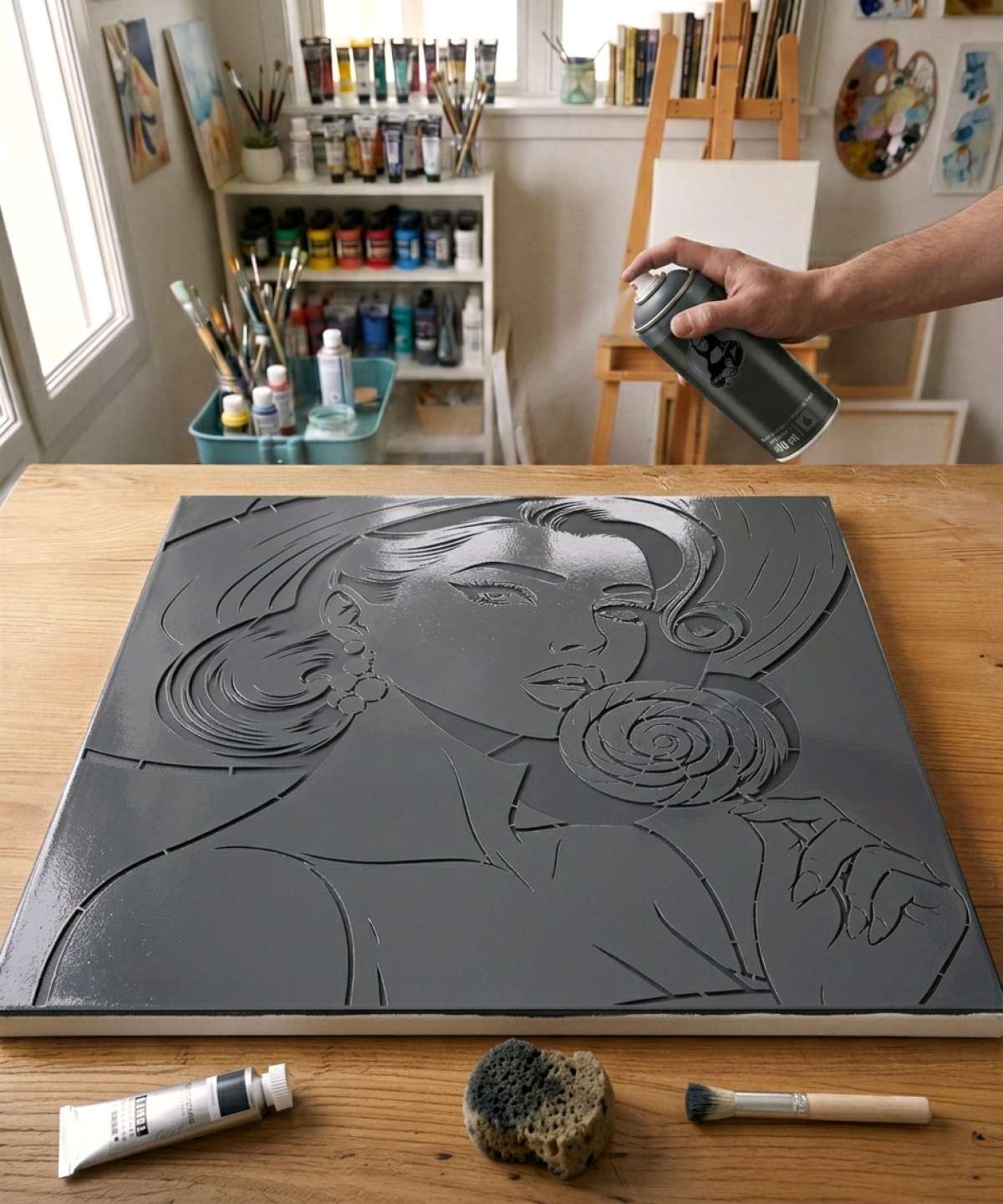 Pochoir BD Comics Femme & Sucette - LPL009 stencil painted on canvas for a painting from an artistic collection