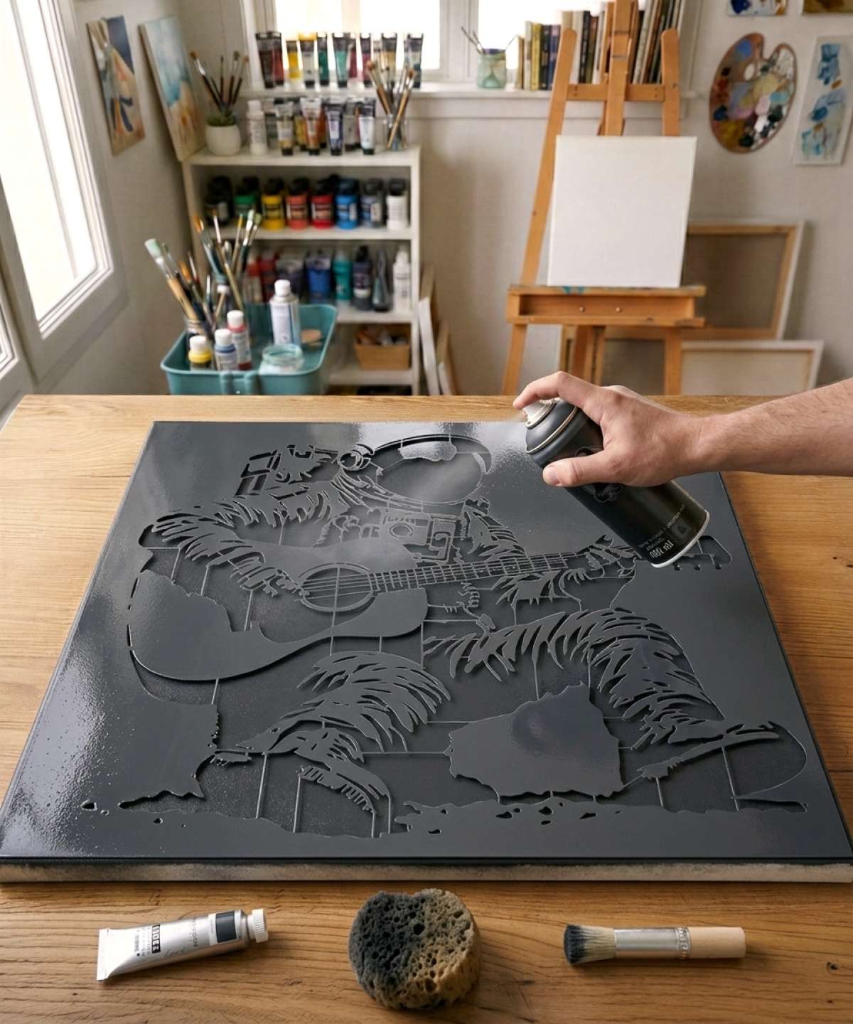 Pochoir Astronaute et sa Guitare Acoustique - MC0014 stencil painted on canvas for a music theme painting