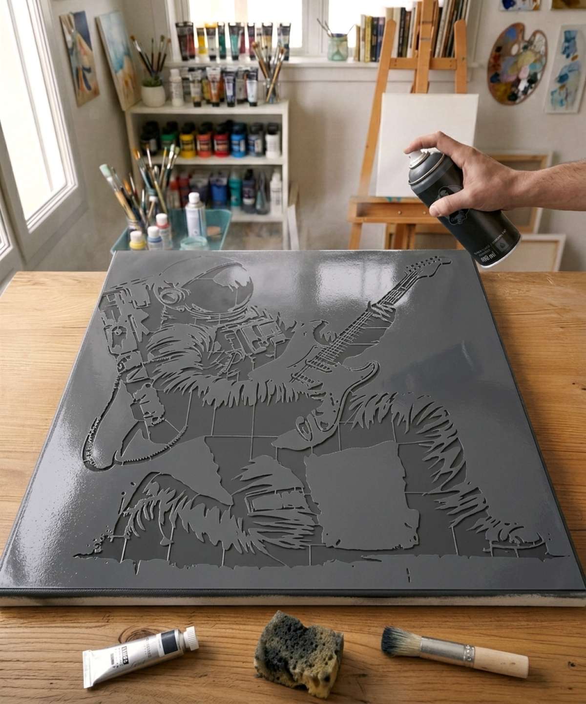 Pochoir Astronaute et sa Guitare Electrique - MC0015 stencil painted on canvas for a music theme painting